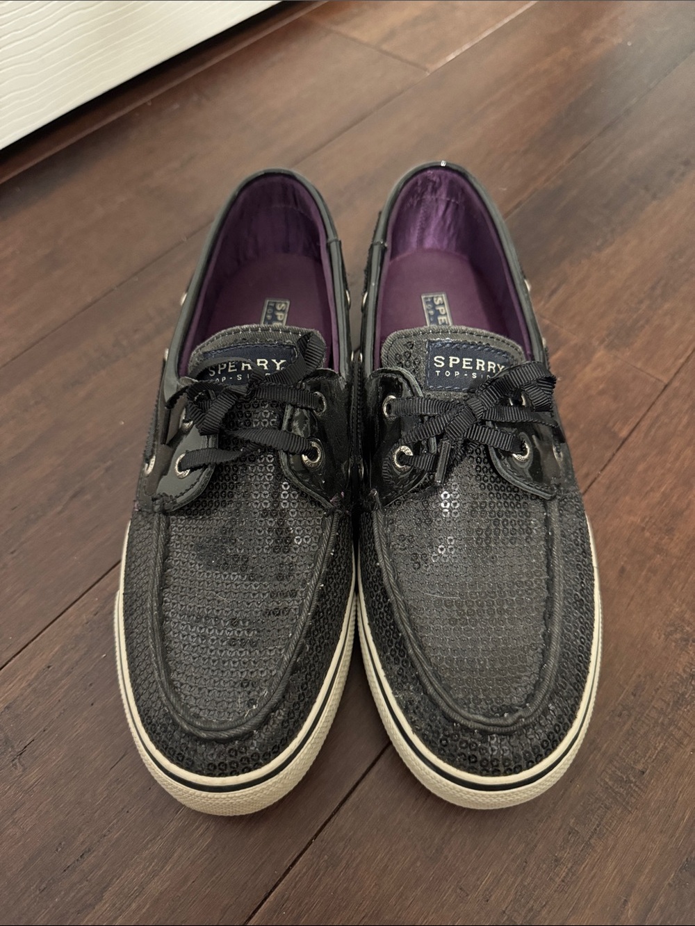 Sperry Black Sequin Women's Boat Shoes with Purple Lining